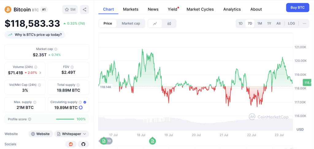 نمودار قیمت و اطلاعات بازار بیت کوین - منبع: CoinMarketCap